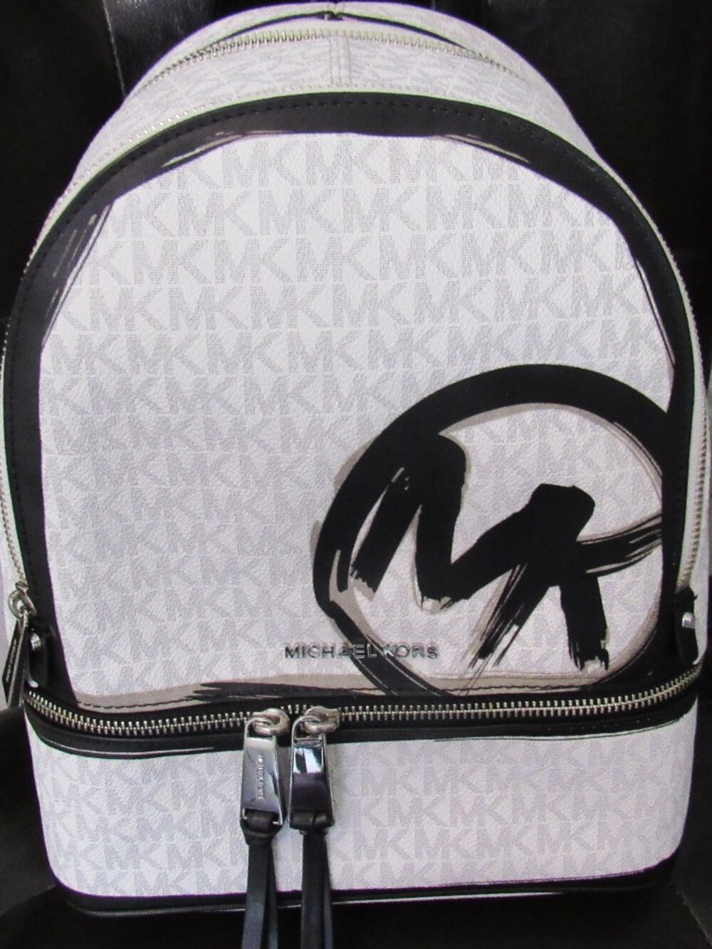 Michael Kors Rhea Zip Medium Leather Backpack White Black Signature LOGO CIRCLE